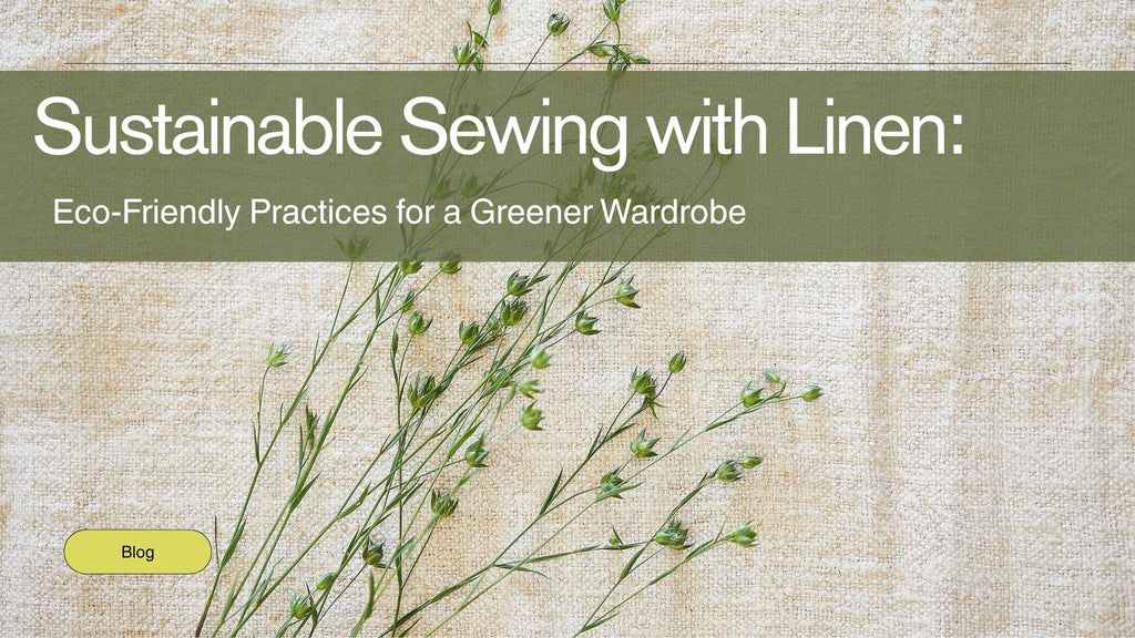 Title graphic with text Sustainable Sewing with Linen: Eco-Friendly Practices for a Greener Wardrobe over flax background