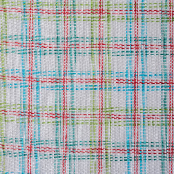 Colorful Carnival Check Linen Fabric featuring a mix of aqua, green, and red threads on white, suitable for a variety of light and airy garments.