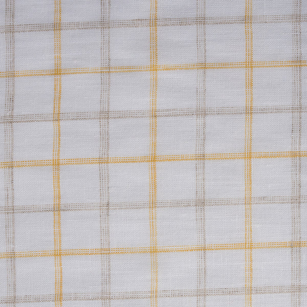 Creamy Lemon Oatmeal Check Linen Fabric, featuring sunshine yellow and earthy checks on white linen, with a fine weave for a soft feel and elegant drape.