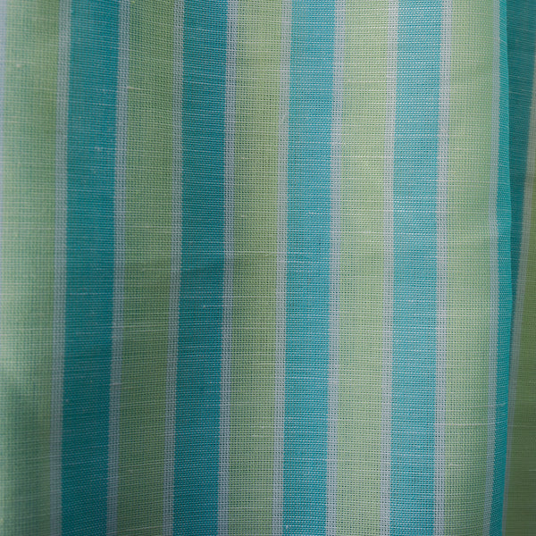 Aqua & Green Striped Linen Blend Fabric. Lightweight linen-cotton blend fabric with green and blue stripes, ideal for comfortable and stylish clothing and home décor