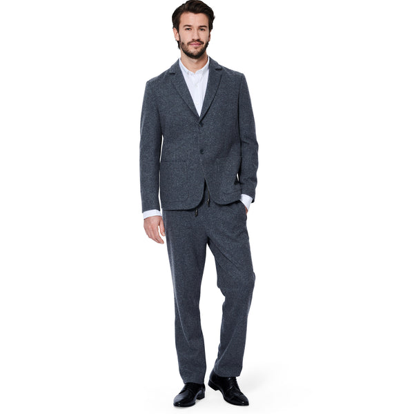 Burda sewing pattern 5955 for men’s suit with slip-on trousers and a lined jacket featuring lapels and patch pockets.