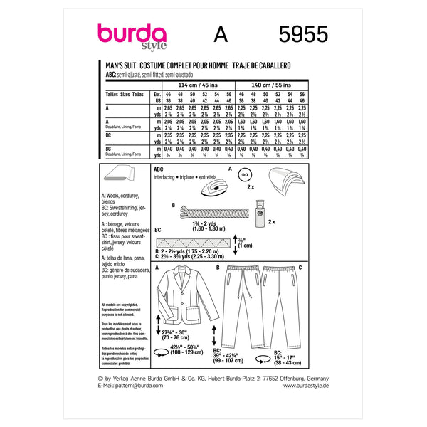 Burda sewing pattern 5955 for men’s suit with slip-on trousers and a lined jacket featuring lapels and patch pockets.