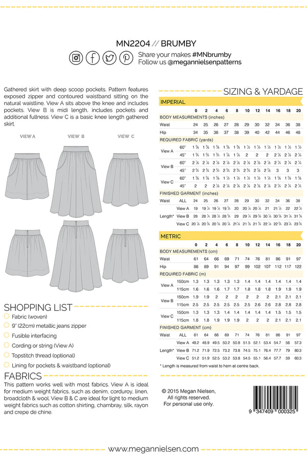 Brumby skirt sewing pattern, featuring gathered designs with deep scoop pockets and an exposed zipper