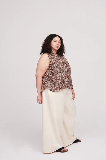 Cara Top Multi-Size Pdf Pattern. A lightweight Cara Top in breezy muslin, featuring French seam construction and optional double fold hem or flat binding finish, available in sizes 4-28