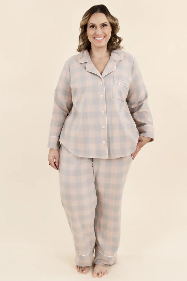 Elegant Carolyn Pajamas set with classic notched collar, customizable sleeve options, and contrasting piping details, designed for intermediate sewers
