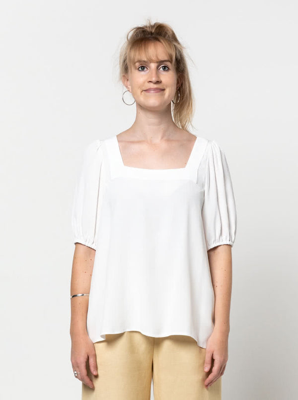 Clementine Top & Dress Sewing Pattern - A-line top with square neck and puffed elbow-length sleeves, easy fit, calf-length dress with gathered tier, suitable for silk, rayon, or any soft flowing fabric