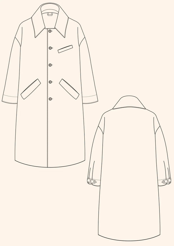 Stylish Darcy Coat pattern, ideal for layering over any outfit, with options for lining and pockets, available in sizes 4-28 for a tailored fit.