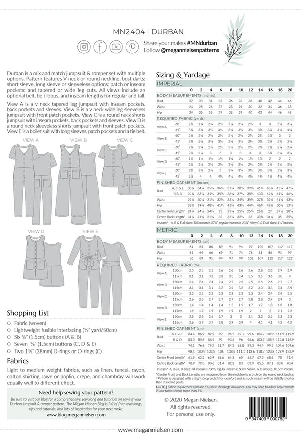 Durban multi-size sewing pattern featuring mix and match jumpsuit & romper styles with various necklines, sleeves, and leg cuts, suitable for intermediate skill levels.