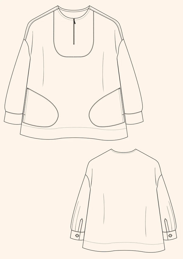 Customizable French Smock sewing pattern with options for button or zip fastening, various bib shapes, and optional trims, perfect for creating a unique garment.