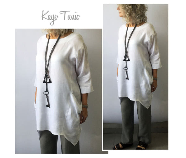 Kaye Tunic sewing pattern featuring a long-line top with symmetrical draped hemline, square armholes, and ¾ length sleeves, suitable for linen, cotton, rayon viscose, and silk fabrics.
