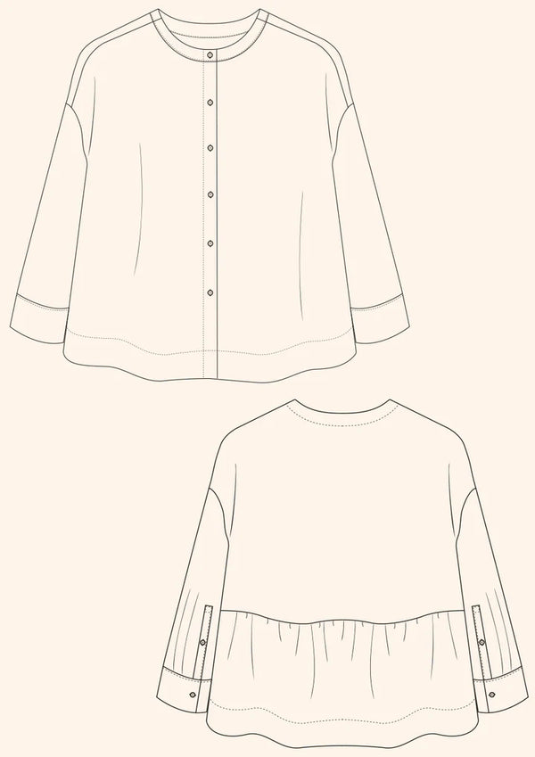 Leila Shirt sewing pattern, showcasing a loose-fitting, elegant design with dropped shoulders, full sleeves, and back gathering, suitable for a comfortable summer wardrobe.