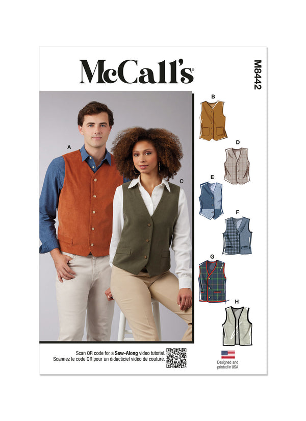 McCall's Sewing Pattern M8442 for unisex lined vests with V-neckline and optional pocket details.