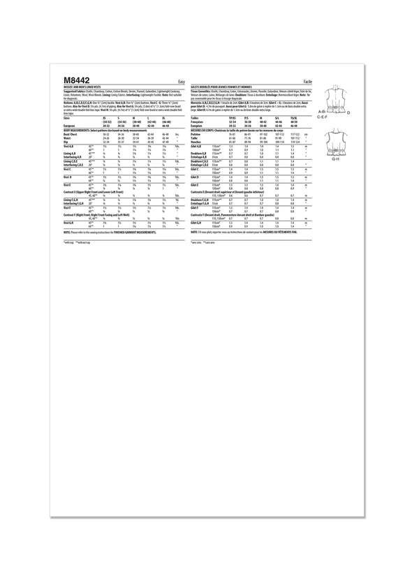 McCall's Sewing Pattern M8442 for unisex lined vests with V-neckline and optional pocket details.