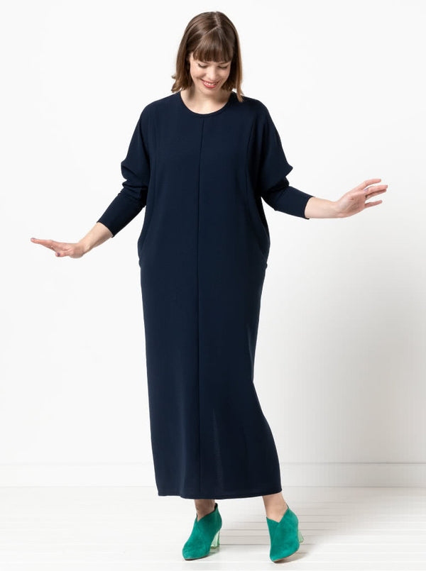 refined Meredith column dress sewing pattern featuring dolman sleeves and a round bound neck, ideal for creating an elegant silhouette in luxurious fabrics.