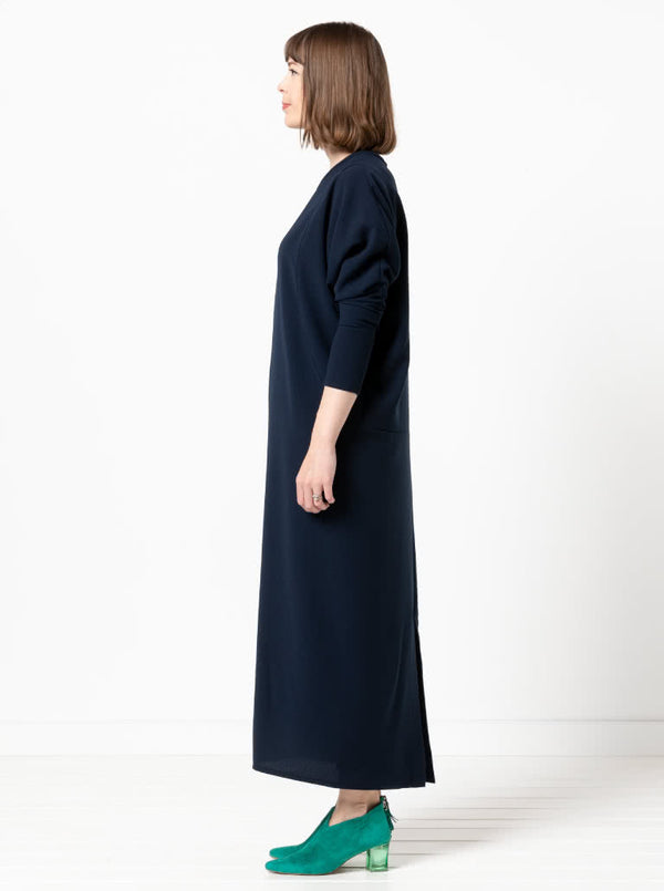 refined Meredith column dress sewing pattern featuring dolman sleeves and a round bound neck, ideal for creating an elegant silhouette in luxurious fabrics.
