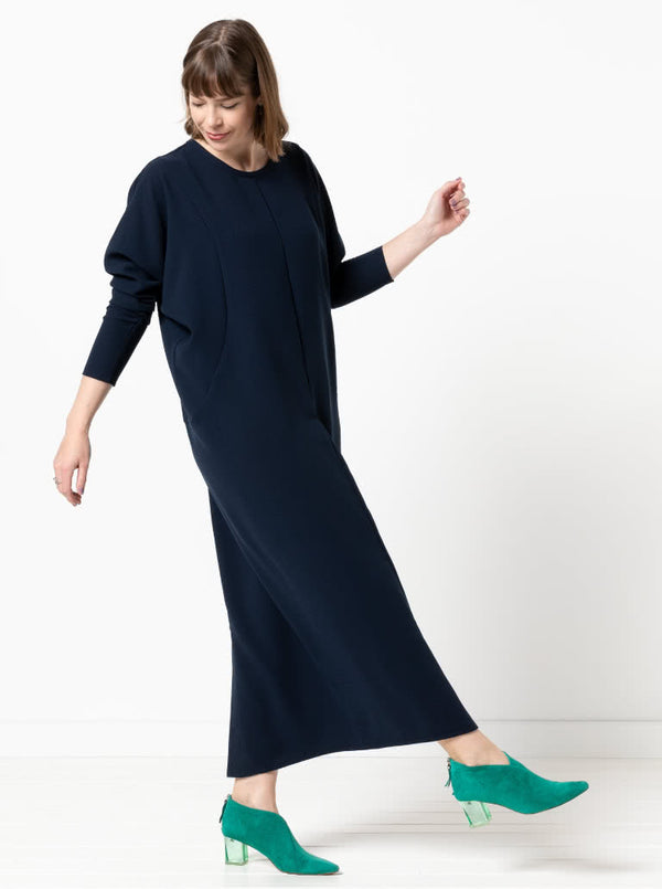 refined Meredith column dress sewing pattern featuring dolman sleeves and a round bound neck, ideal for creating an elegant silhouette in luxurious fabrics.
