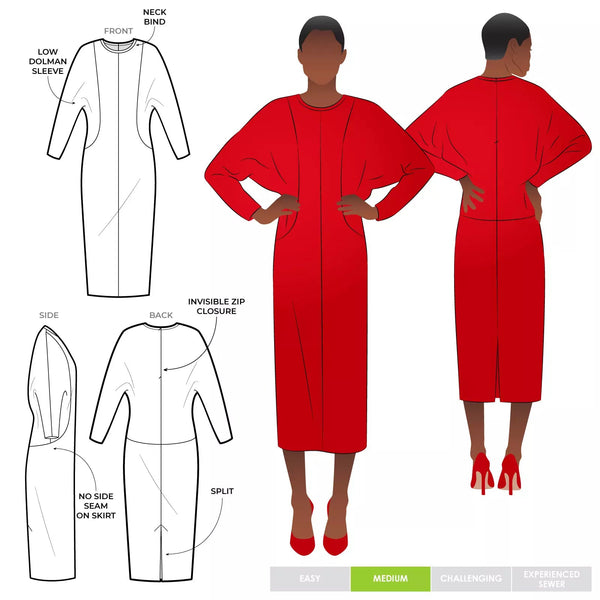 refined Meredith column dress sewing pattern featuring dolman sleeves and a round bound neck, ideal for creating an elegant silhouette in luxurious fabrics.