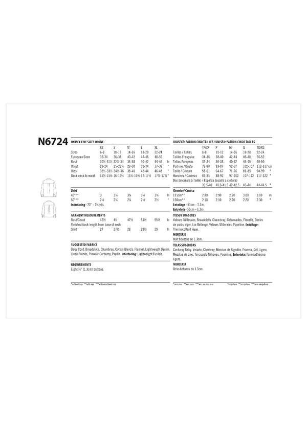 New Look Sewing Pattern N6724 showcasing a relaxed-fit unisex button-front shirt with oversized pockets and cuffed long sleeves.