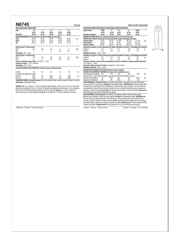 New Look Sewing Pattern N6745 featuring unisex cargo pants with bellows pockets, drawstring waistband, and utility-inspired design