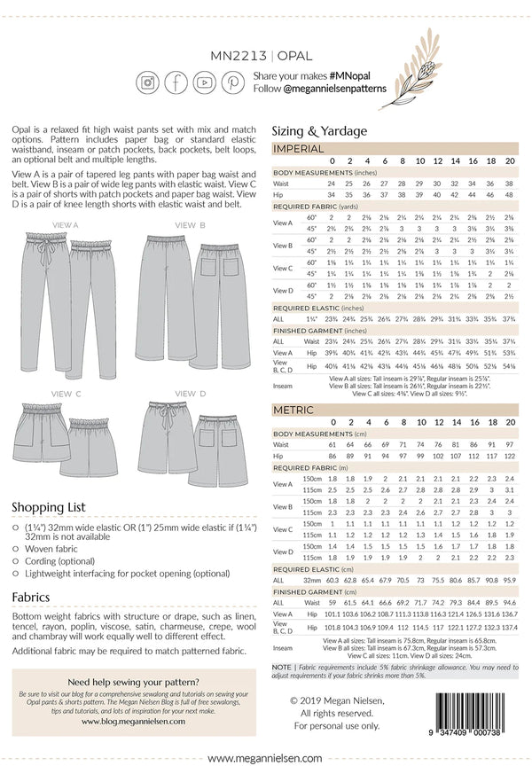 Opal Pants and Shorts Sewing Pattern - Options for Tapered Leg Pants, Wide Leg Pants, and Shorts with Paper Bag or Elastic Waist