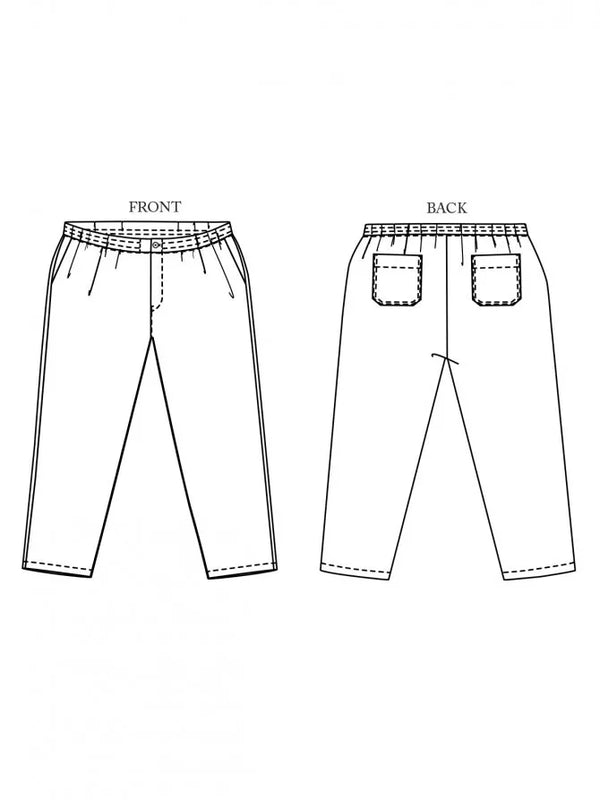 Line drawing of The Elling Men’s Trouser showing front and back views on a white background