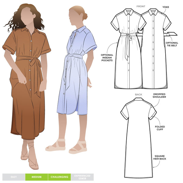 A sophisticated short-sleeved shirtmaker dress pattern featuring a collar stand, turn-back cuffs, and a shaped hemline, suitable for linen and other fabrics.