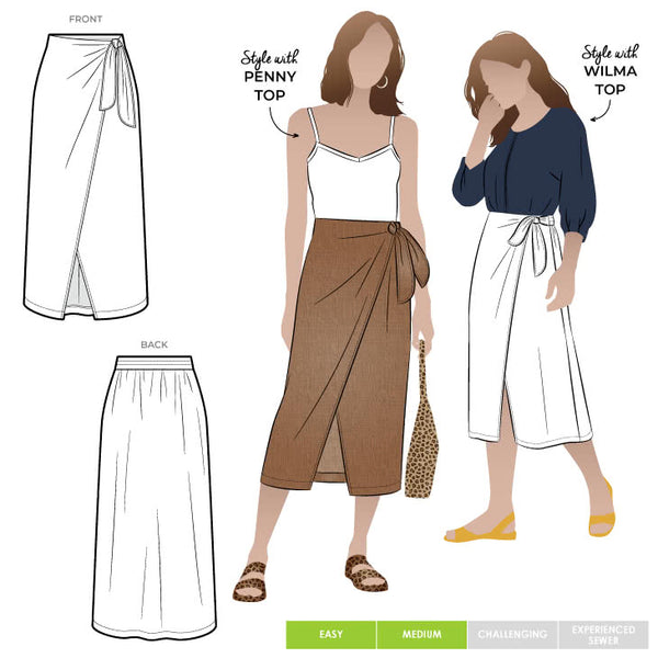 Stylish Rona Wrap Skirt sewing pattern with full faux wrap, calf-length cut, and front tie waist, suitable for rayon, crepe, silk, or washed linen fabrics.