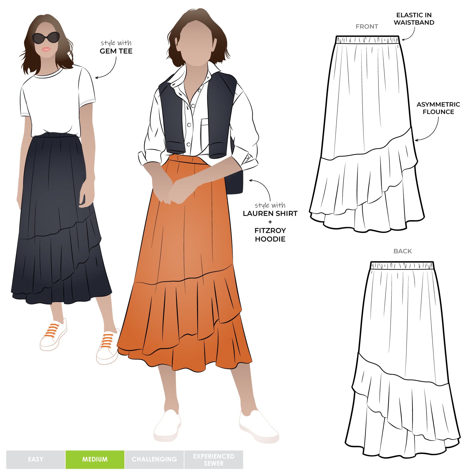 Sorrento Skirt Sewing Pattern Trendy Asymmetrical Flounce Skirt