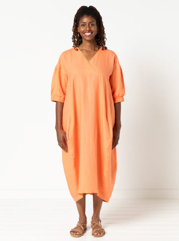 A chic, calf-length cocoon dress sewing pattern from the SYDNEY DRESS EXTENSION PACK, featuring multiple customization options for a personalized touch