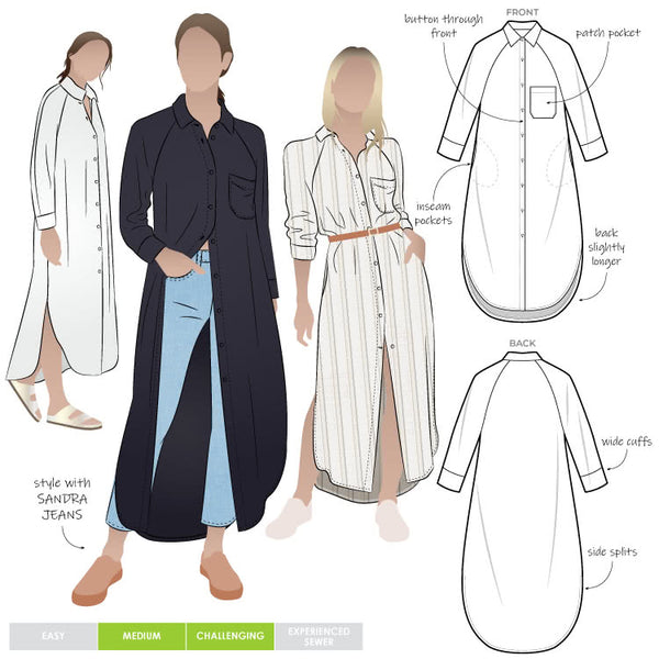 Anais Dress Sewing Pattern – long-line shirt-style dress with raglan sleeves and hi-low hem