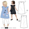 Illustration of two children wearing dresses with a dress design diagram on the right.