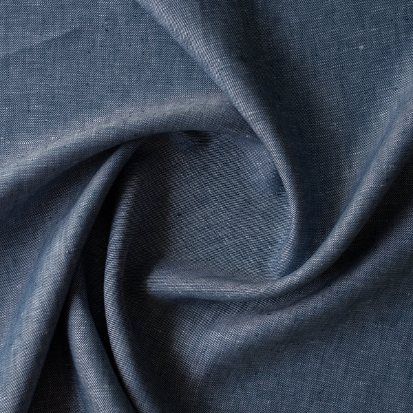Atlantic Twill linen fabric in denim-inspired blue with white flecks, twill weave, 100% linen, 225 GSM.