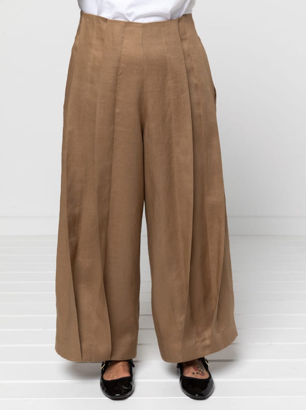 Atlas Woven Pant Sewing Pattern - wide leg crop pants with fitted waist, invisible zip, side inseam pockets, twisted pleat detail, and slight dropped crotch.
