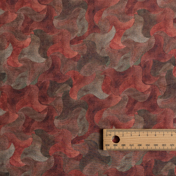 Autumn Silhouette linen–Bemberg fabric with warm abstract swirl print, 130 GSM, silk-like drape.