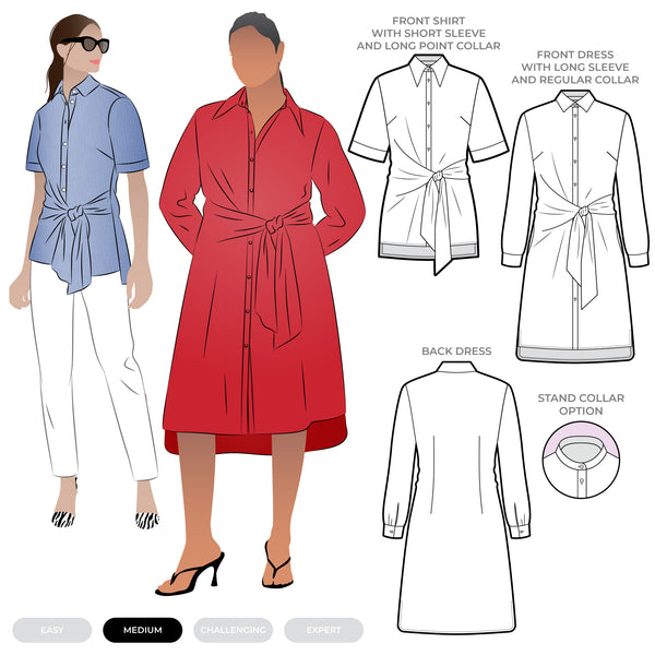 Illustration of a woman wearing a red dress with a shirt and dress made using Avon Woven Shirt and Dress sewing pattern options on a white background.