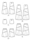 Set of line drawings of Azure Dress, Skirt, and Topare labeled A to E on a white background