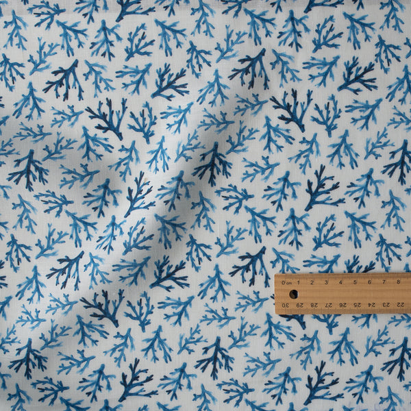Blue Coral 100% Linen Fabric – ocean-inspired blue print on white-green base