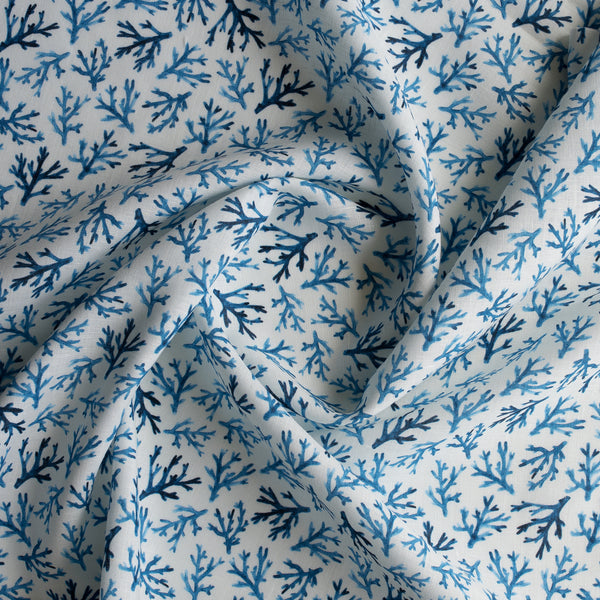 Blue Coral 100% Linen Fabric – ocean-inspired blue print on white-green base