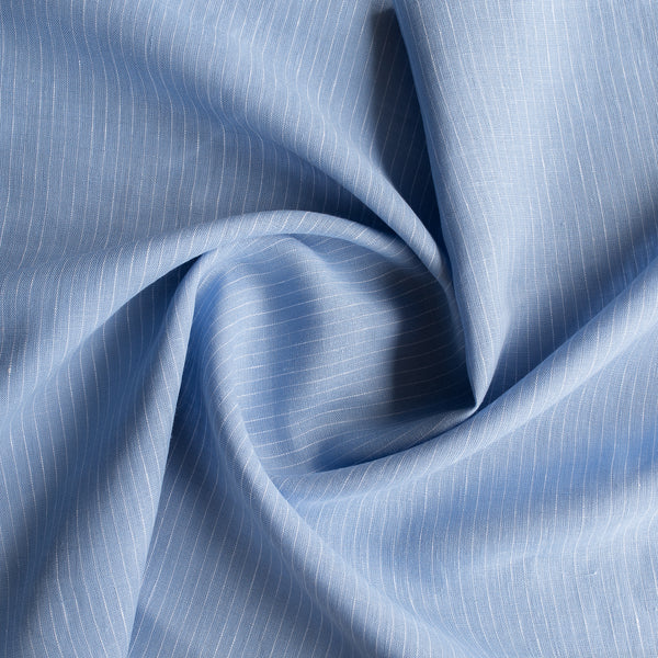 Blue Mist Pinstripe Yarn-Dyed Linen Fabric – dusty blue 100% linen with subtle woven stripes
