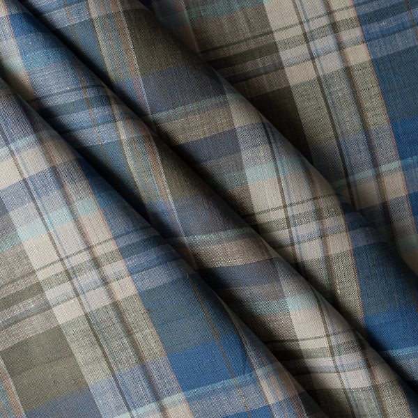 close up of Blue Olive Plaid linen fabric with blue, dark olive and dark-rose yarn-dyed stripes, 100% linen, 130 GSM, 60 LEA