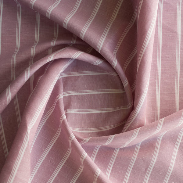 Blush Stripe Yarn-Dyed Linen Blend Fabric – muted mauve with elegant white stripes, lightweight 135 GSM