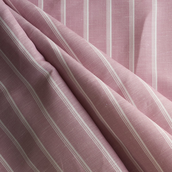 Blush Stripe Yarn-Dyed Linen Blend Fabric – muted mauve with elegant white stripes, lightweight 135 GSM