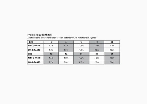 size chart of Bottlebrush Pants and Shorts Sewing Pattern - High-Waisted Flared Pants and Mini Shorts