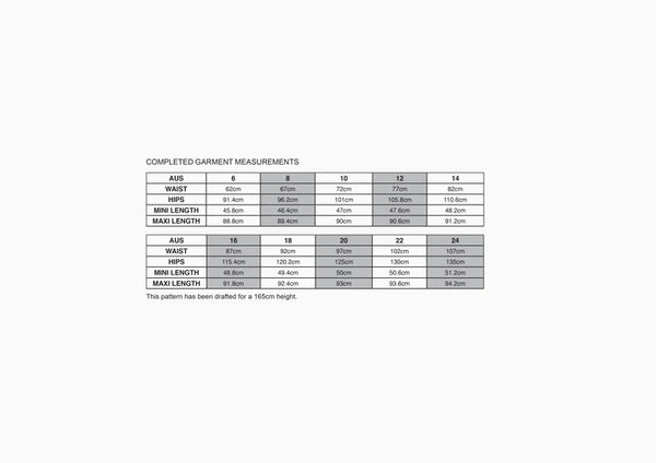 Size chart of Bottlebrush Skirts Sewing Pattern - High-Waisted Maxi and Mini Skirt Designs