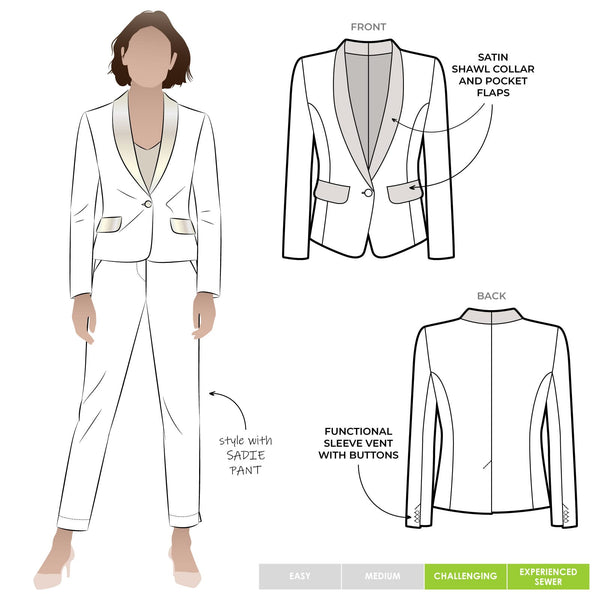 White suitBronnie Tuxedo Jacket with contrast shawl collar and pocket flapand pants with design annotations on a white background