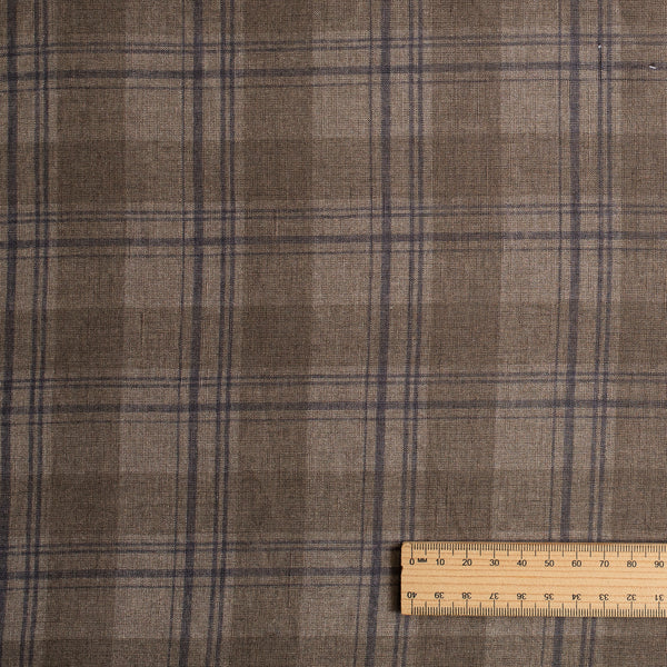 Brownstone Plaid linen–cotton blend fabric in earthy brown tones, 120 GSM, printed plaid pattern.