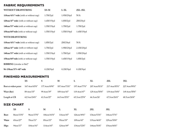 Fabric requirement chart for Cirrus top sewing pattern by Merchant & Mills