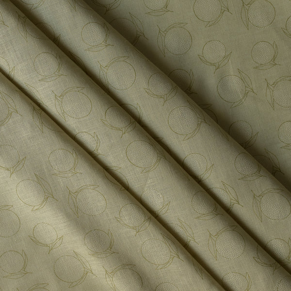 Citrus Sketch linen fabric in creamy green-beige with olive citrus line drawings, 140 GSM.
