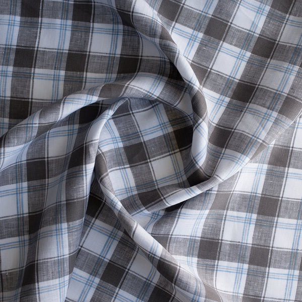 Classic Slate Plaid Linen Fabric – grey and blue check pattern on white background, 100% linen