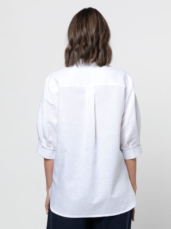 Clayton Woven Shirt Pack sewing pattern with relaxed and classic fit options, featuring optional collars, sleeves, pockets, and neck trims.